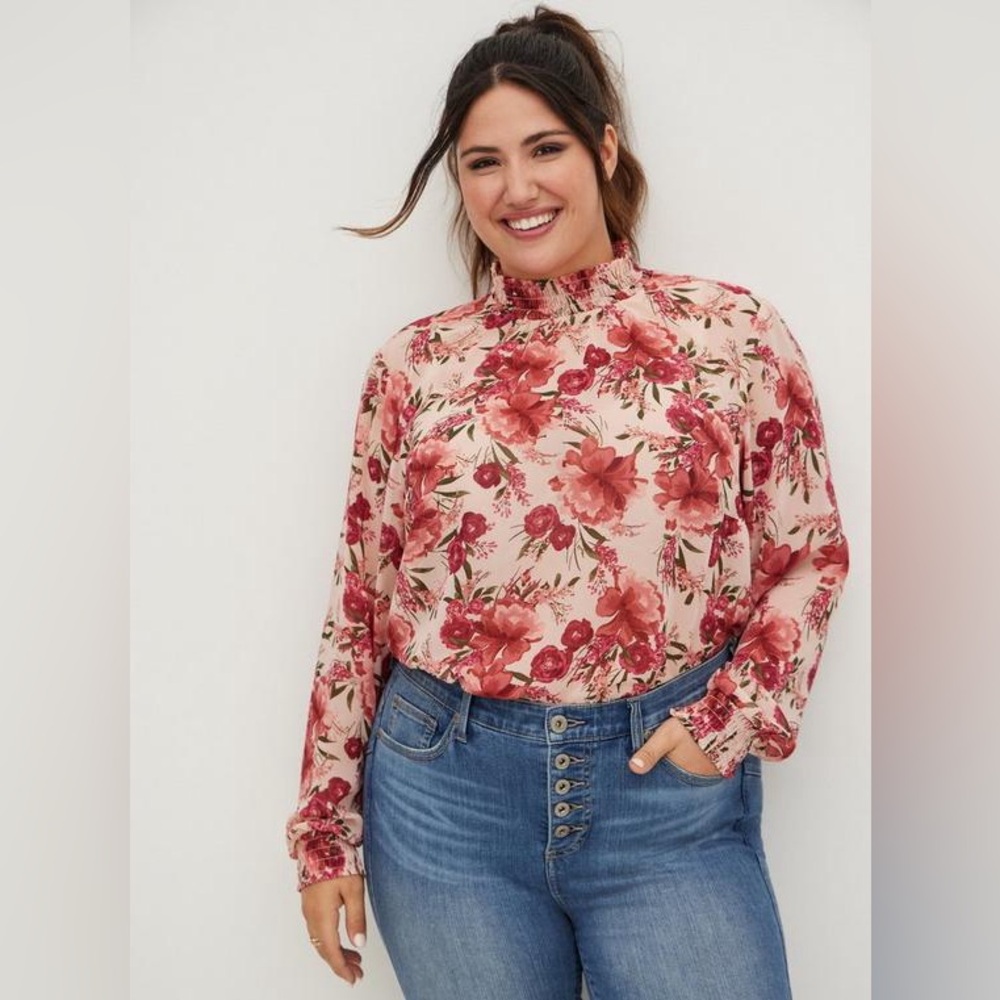 Torrid Chiffon Smocked Mock Neck Blouse